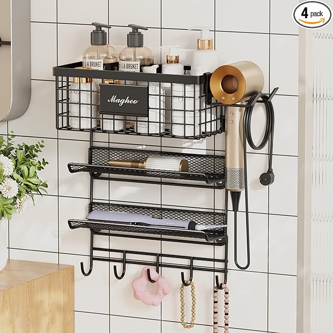Magheo Hair Dryer Holder Wall Mounted, Adheisve Hair Styling Tool Organizer for hair Brush/Appliance Wall Mount with 4 Tier Shelf Basket Hooks Blow Dryer and Straightener Holder for Bathroom(Black)