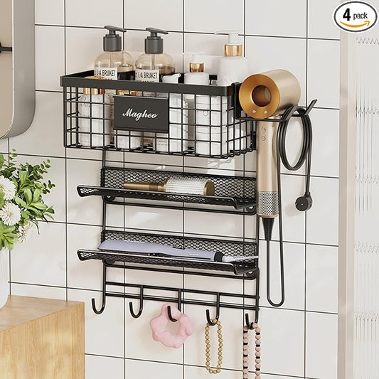 Magheo Hair Dryer Holder Wall Mounted, Adheisve Hair Styling Tool Organizer for hair Brush/Appliance Wall Mount with 4 Tier Shelf Basket Hooks Blow Dryer and Straightener Holder for Bathroom(Black)