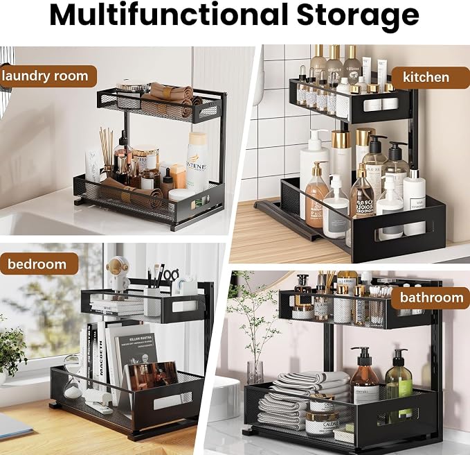 ONEUPIN Under Sink Organizer, 2 Tier Pull Out Cabinet Baskets, 1 Pcs Black | Multi-Purpose, Adjustable Height Design, Slide Out Storage Shelf, For Kitchen and Bathroom