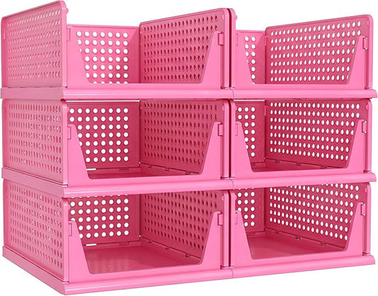 Pink Girl Closet Organizers and Storage Stackable Plastic Drawer Basket for Clothing Stackable Storage Bins Shelf Storage Container for RV Closet Wardrobe Bedroom Bathroom Playroom 6 Pack