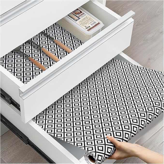 Drawer and Shelf Liner, Non-Slip Kitchen Cabinet Liners Non-Adhesive Thick Strong Grip Waterproof Washable Mats Protect Dresser Shelves Cupboard Bathroom Cabinets, Black & White, 18 in X 20 FT