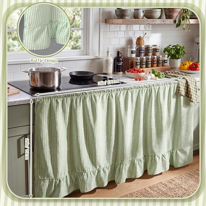 VitalCozy Cabinet Curtain 28" W x 51" L Sink Skirt for Bathroom Kitchen Sage Green Stripes Ruffles Spring Short Curtain for Home Classroom Farmhouse Drape Under Desk Privacy Drape for Laundry Room