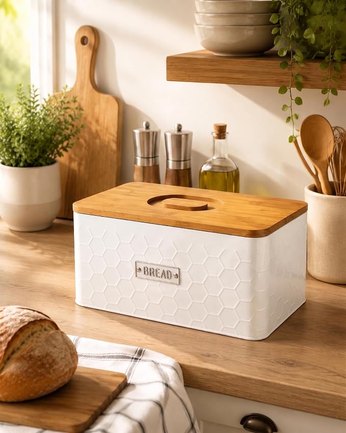 vensovo Bread Box for Countertop – Large White Metal Bread Bin with Bamboo Cutting Board Lid, Farmhouse Bread Storage Container for Homemade Bread, Baked Goods & Kitchen Counter Organization
