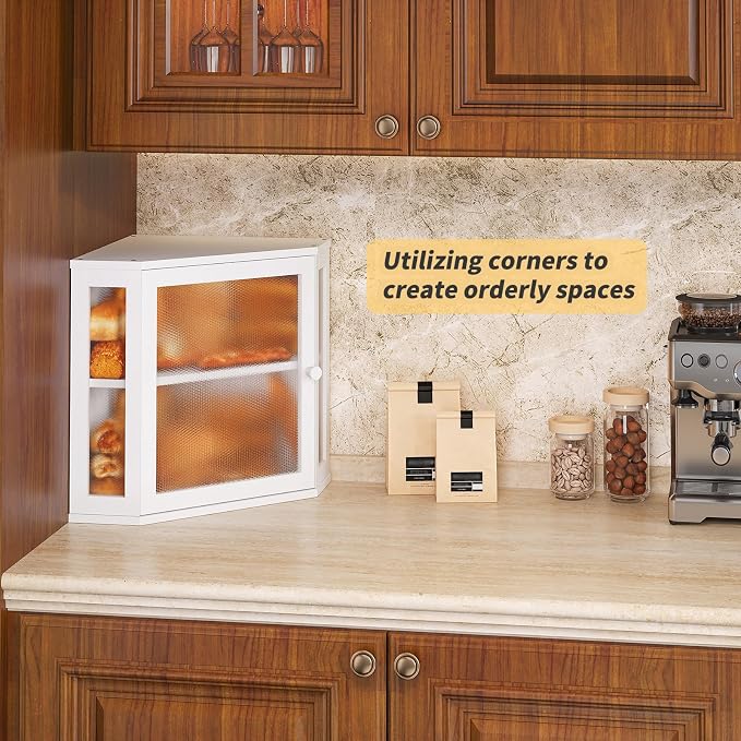 Corner Bread Box for Kitchen Countertop,Bread Storage for Homemade Bread, Double Layer Large Bamboo Kitchen Storage Bin with Window (White, Medium)