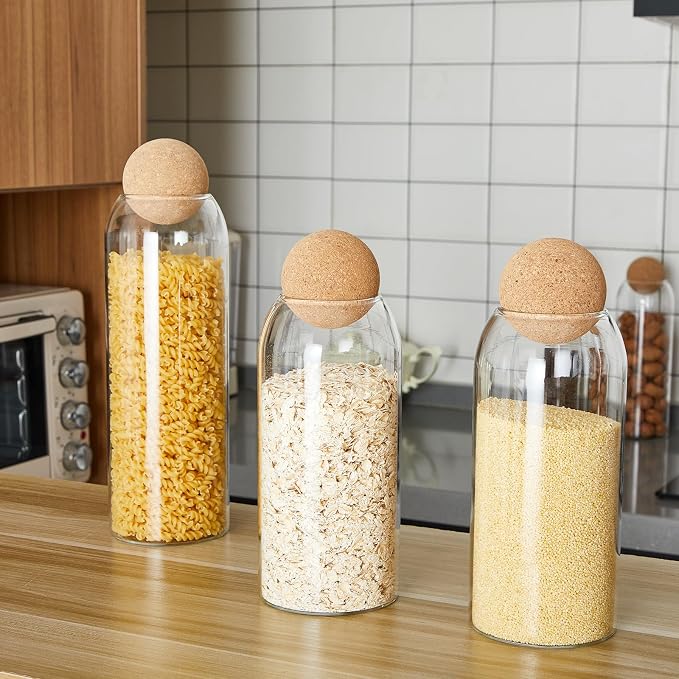 Suclain 1 Pcs Glass Jars with Cork Ball Lid Farmhouse Kitchen Canisters Coffee Bar Countertop Container Rustic Storage Jars for Bean Nut Sugar Coffee Tea Organizer Housewarming Gift (34 oz)