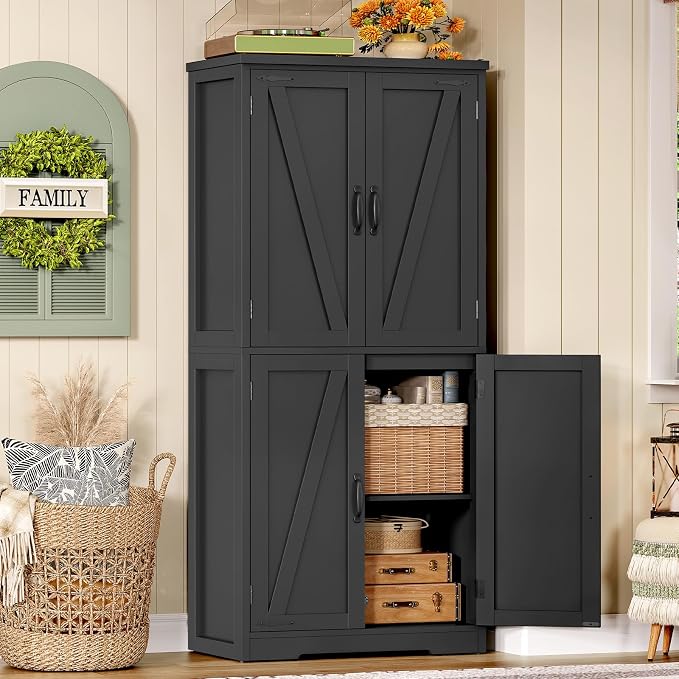 TEENFON 58" H Storage Cabinet with Adjustable Shelf, Kitchen Cabinet with 4 Doors, Farmhouse Pantry Cabinets, Cupboard for Kitchen, Bathroom, Living Room, Black