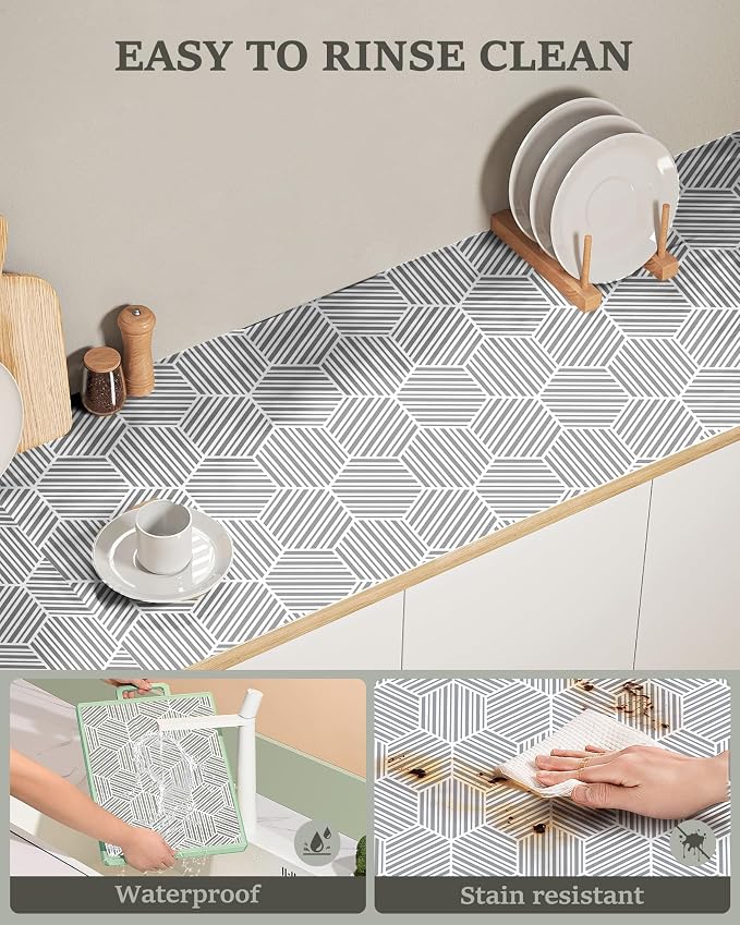 Shelf Liner Drawer Liner for Kitchen Cabinet Non-Adhesive Cabinet Liners Thickened Slip Resistant Waterproof Shelf Paper Protect Cupboard Dresser Shelves, Gray Hexagonal Geometric Stripe 11.8In x 10FT
