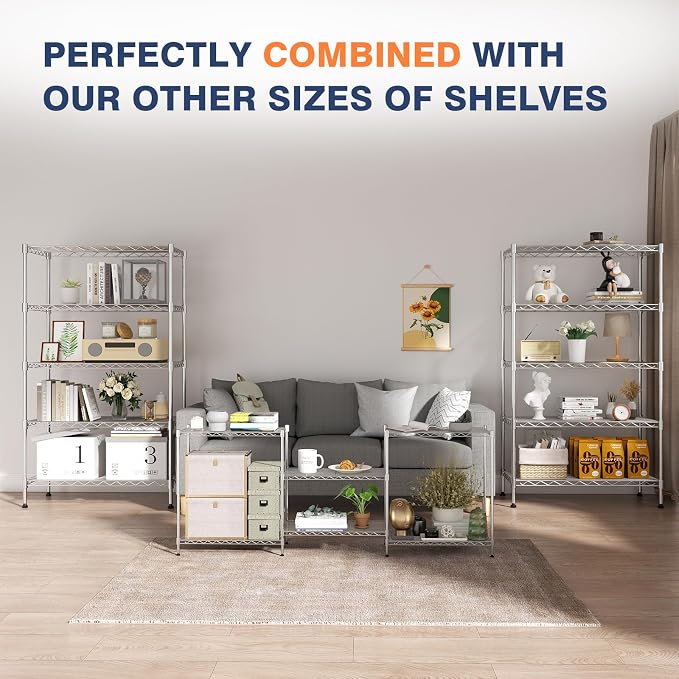 750lbs 3-Tier Wire Shelf Rack,24" Dx14 Wx22 H,Kitchen Metal 3-Shelves Rack with Lockable Wheels,Height Adjustable Wire Shelving Unit and Storage for Living Room,Laundry,Office,Pantry,Studio