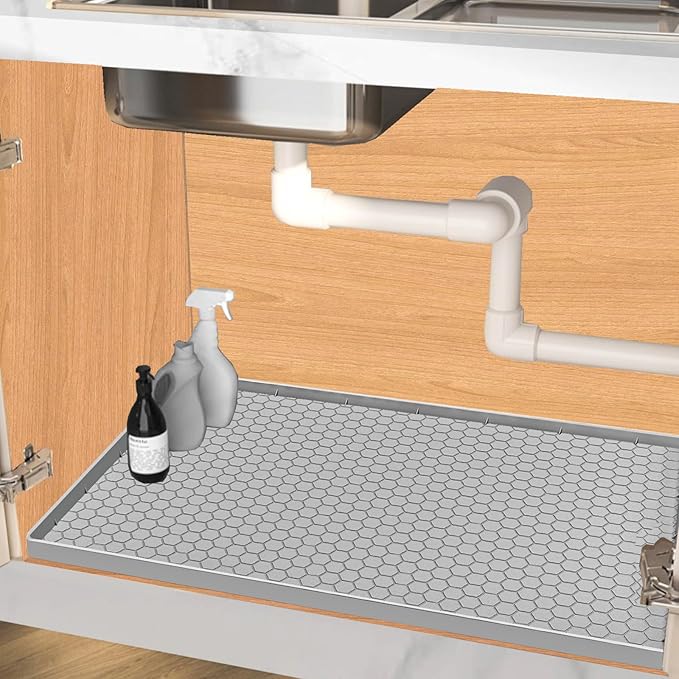 Under Sink Mat 34 x 22 for Kitchen Waterproof, Silicone Under Sink Liner Mat for Bottom of Kitchen Sink, Easy to Clean Bathroom Cabinet Mat Organizers and Storage, Light Grey