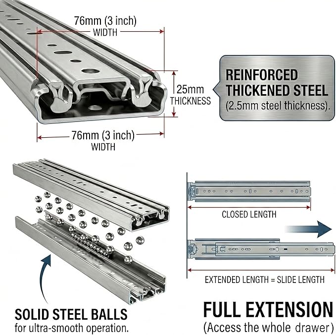 Heavy Duty 34" Drawer Slides, Full Extension Ball Bearing, 500LB Capacity | 76MM Width, 3-Section Design, Industrial Grade Steel, Smooth & Quiet Operation, for Workshop, Garage, Kitchen Cabinets