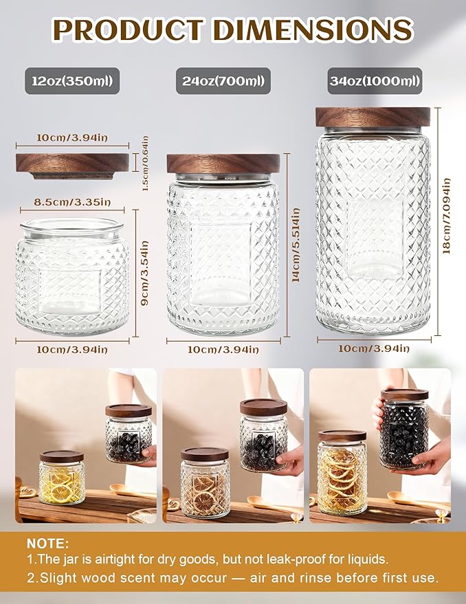 Glass Jar with Wood Lid and Label - 34 OZ Large Airtight Storage Container for Kitchen Pantry Bathroom Countertop, Decorative Vintage Canister for Candy, Cookie, Treat, Sugar, Coffee, Tea, Salt, Flour