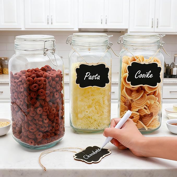 Flrolove 78oz Glass Storage Jars with Airtight Lids Set of 3, Pantry Storage Containers with Lids, Square Large Airtight Glass Jars, Perfect for Kitchen Canning Cereal, Pasta, Flour, Coffee Beans