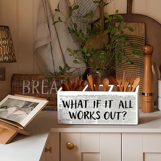 What If It All Works Out Pen Holder, Positive Affirmation Gifts for Women Pencil Holder for Desk, Inspirational Motivational Wooden Box Sign Decorations for Girly Room Dorm Desk Tabletop