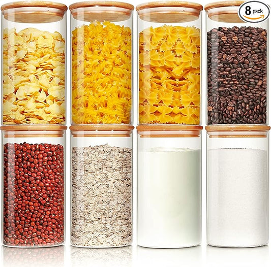 HomArtist Glass Jars with Bamboo Lids 28 floz [Set of 8], Glass Canisters with Airtight Lids, Glass Food Storage Containers for Pasta, Oats, Coffee, Flour, Sugar, Rice, Best for Kitchen & Pantry