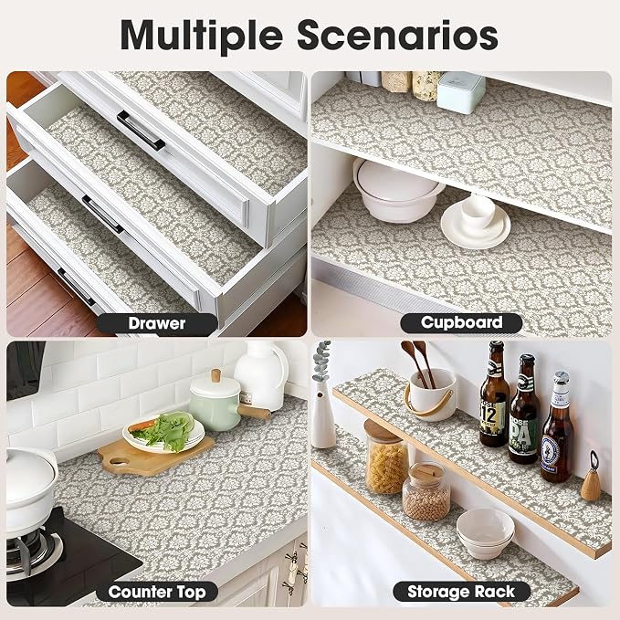Drawer and Shelf Liner, Non-Slip Kitchen Cabinet Liners Non-Adhesive Thick Strong Grip Waterproof Washable Mats Protect Dresser Shelves Cupboard Bathroom Cabinets, Boho: Beige, 12 in X 30 FT