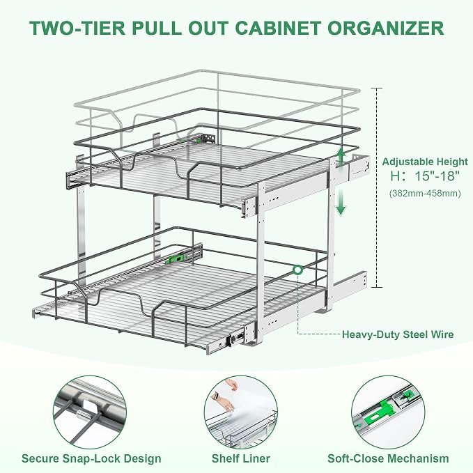 2-Tier Pull Out Cabinet Organizer (11" W x 22" D), Soft Close Cabinet Slide Out Shelves, Heavy Duty Slide Out Drawers with Shelf Liner for Kitchen Cabinets, Pantry Storage, Bathroom