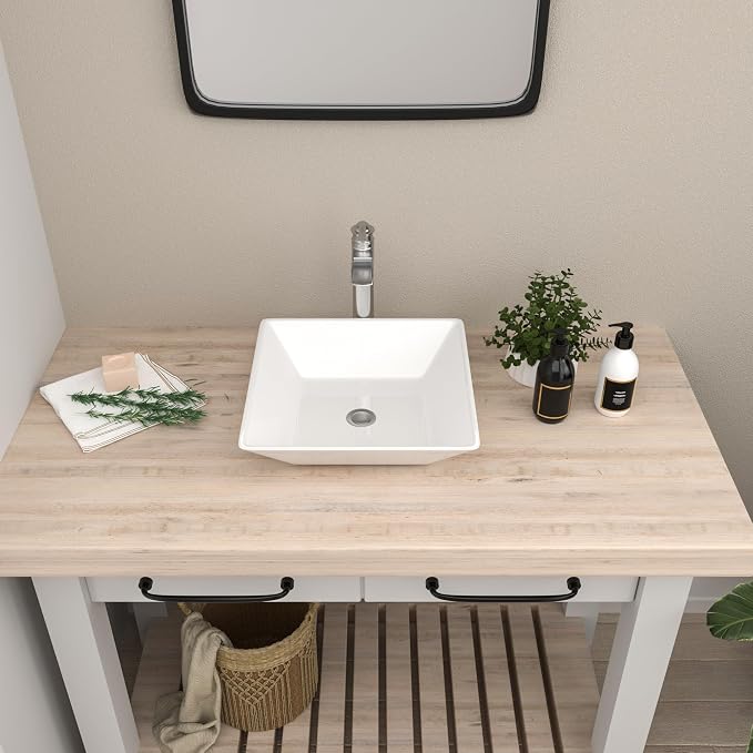 Mocoloo White Vessel Sink 16 x 16 Inch Square Ceramic Bathroom Sinks Above Counter Porcelain Vanity Top Sinks Square Countertop Modern Bathroom Sink 16 Inch Single Art Basin