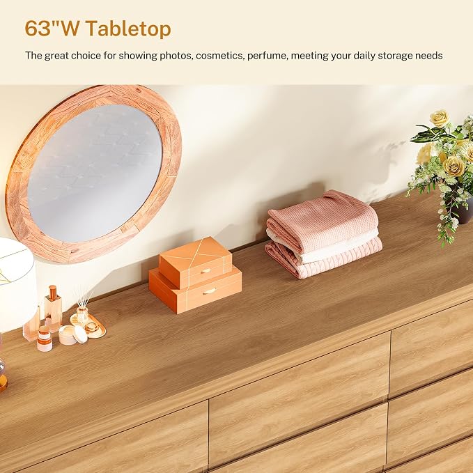 TEENFON 63" Dresser for Bedroom with 9 Drawers, Modern Dressers & Chests of Drawers with Metal Handles, Wooden Dresser TV Stand, Bedroom Dressers, for Bedroom, Hallway, Natural