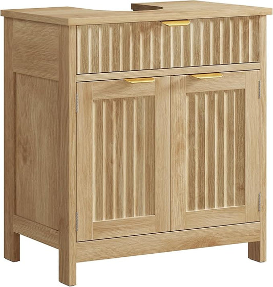 TEENFON Pedestal Sink Storage Cabinet with 2 Doors and Drawer, Bathroom Sink Cabinet with U-Shape Cut-Out, Fluted Pedestal Sink Cabinet, Natural Oak
