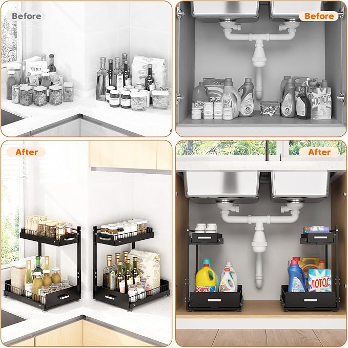 Under Sink Organizer, 2 Tier Slide Out Cabinet Organizer with Pulley, Height Adjustable Pull Out Shelf for Kitchen, Bathroom, Laundry and Utility Storage, Black, 1 Pack