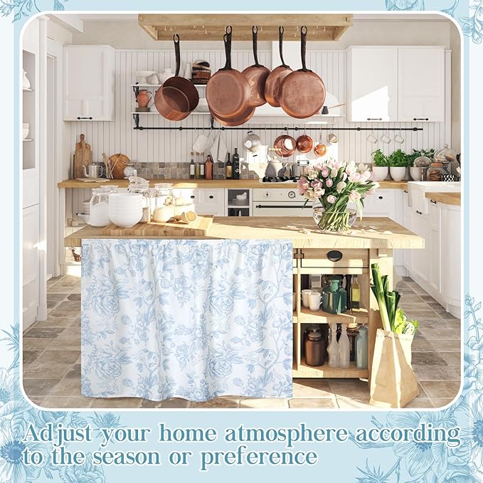 VitalCozy Cabinet Curtains 35" W x 35" L Sink Skirt for Bathroom Kitchen Blue Flower Floral Cabinet Curtains for Classroom Home Farmhouse Rustic Drape Under Desk Privacy Drape for Laundry Room