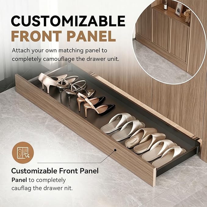 Under-Cabinet Pull Out Shoe Rack, Push-to-Open Sliding Storage Tray for Entryway/Closet, Hidden Kick-to-Open Shoe Organizer, No-Drill Installation, Durable Aluminum Frame