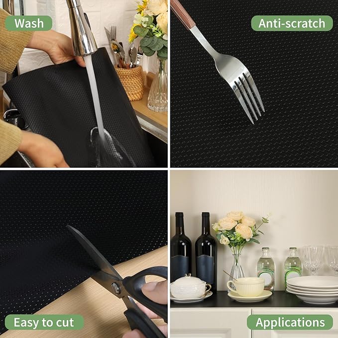 Shelf Liners 13 inch x 20 ft Kitchen Cabinets Liner Non-Stick Drawer Liners Drawer Mats EVA Protector Shelving Cupboard Lining (Black, 13 inch x 20 ft)