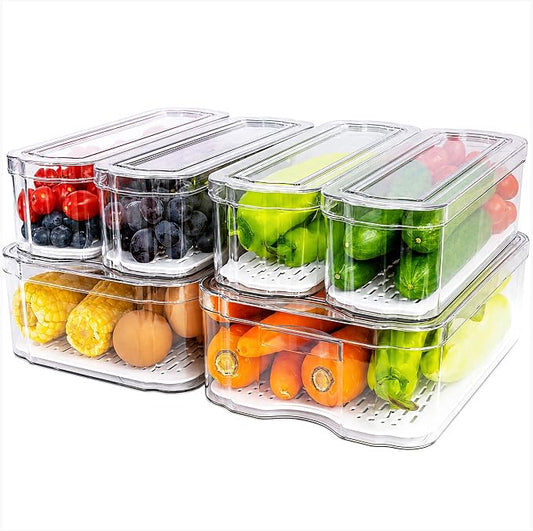 SMRCAD Fridge Organizers and Storage, 6 Pack Clear Freezer Organizer Bins with Lids for Kitchen, Pantry, Refrigerator, Food, Fruit, Vegetable Storage