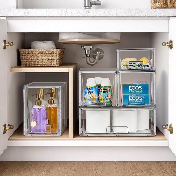 Sorbus Stackable Clear Storage Drawers, 6 Pack (2 Wide + 4 Small) Pull-Out Organizer Bins – Plastic Drawer Organizers for Bathroom, Vanity, Makeup, Under Sink & Countertop Organization
