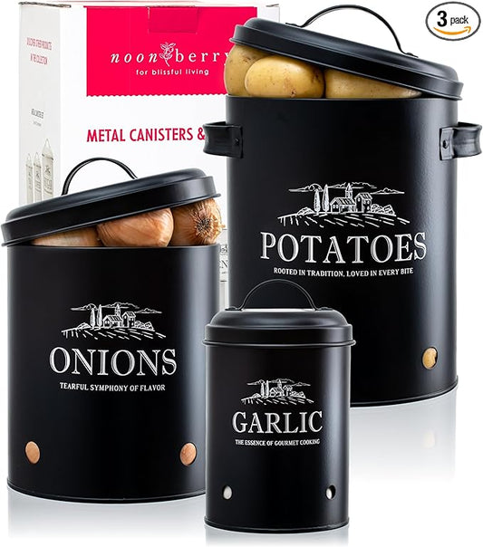 noonberry Potato and Onion Storage Bin Set – 3-Piece Ventilated Potato Storage Bin, Onion Storage Container and Garlic Container – Matte Black Finish