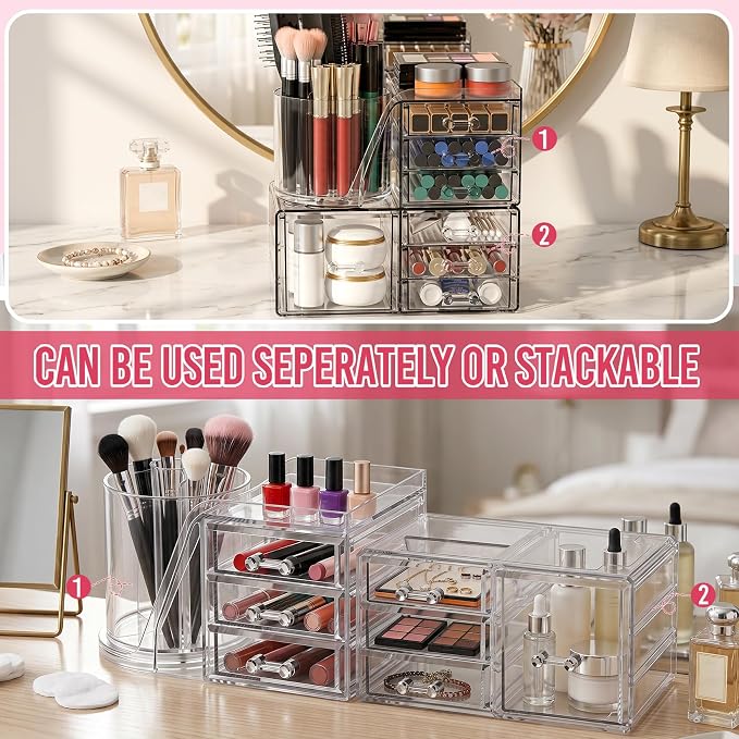 ShineMe Make Up Organizers for Vanity, 2 Tier Acrylic Stackable Cosmetic Organizer with Rotating Makeup Brush Holder & 7 Drawers, Clear Hair Accessory Organizer Countertop for Dresser, Bathroom