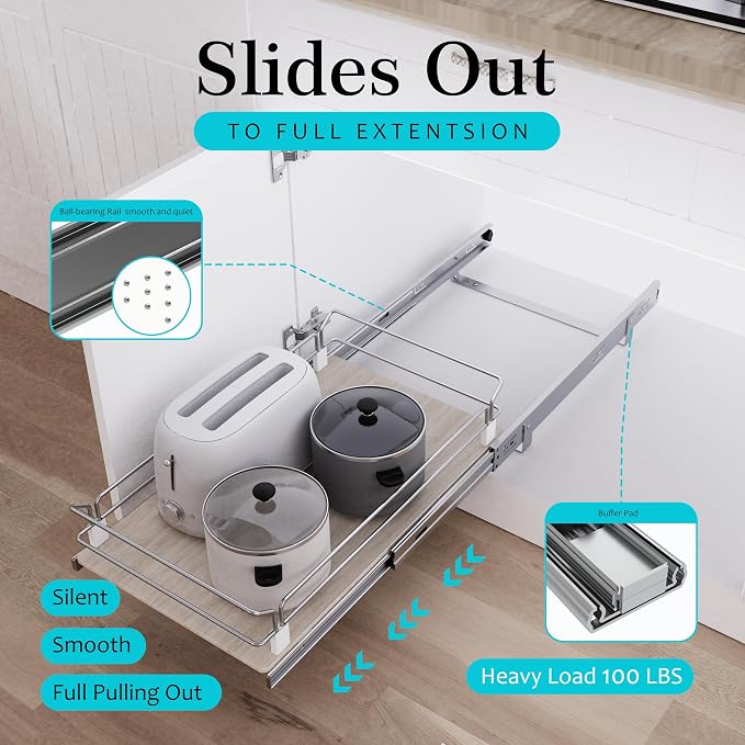 Pull Out Cabinet Organizer 11" W X 22" D, Slide Out Drawers For Kitchen Organizers and Storage, Pull Out Drawers For Cabinets Capacity Heavy Duty Caddy, Cabinet Shelves Wood Chrome, Pantry Storage