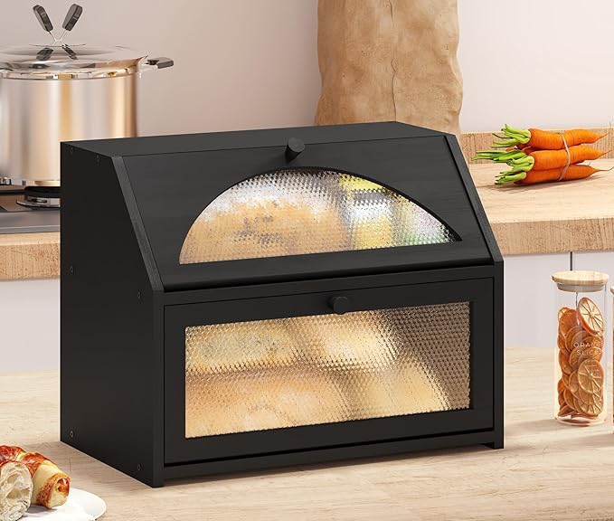 Bread Box, Bamboo Wood Bread Box for Kitchen Counter, Double-layer Bread Storage Bin, Acrylic glass with Diamond Patterns (Black, Large)