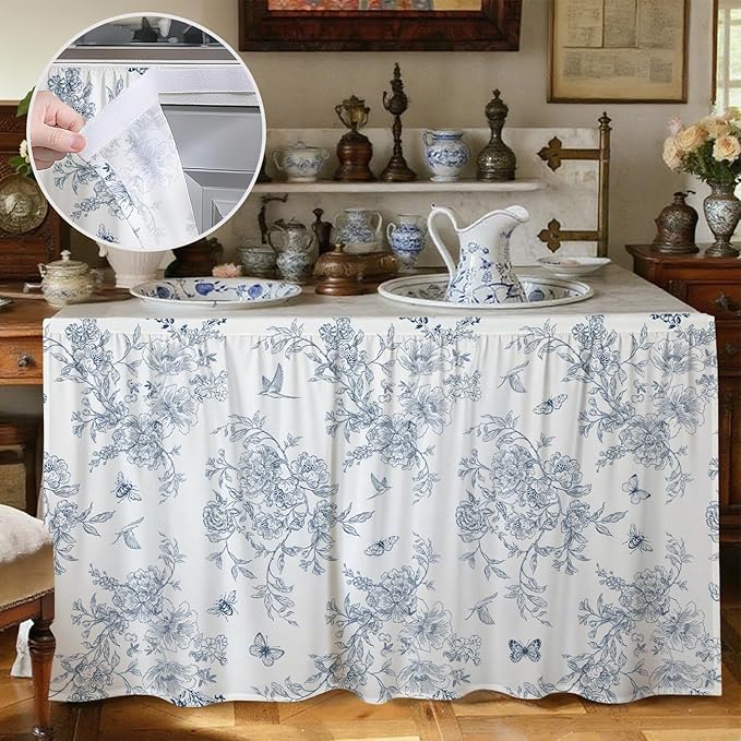 MUGINYU Cabinet Curtains 28" W x 51" L Sink Skirt for Bathroom,Blue Vintage Floral Short Curtains for Kitchen &Classroom,Farmhouse Cottage Core Closet Dishwasher Curtain with Velcro