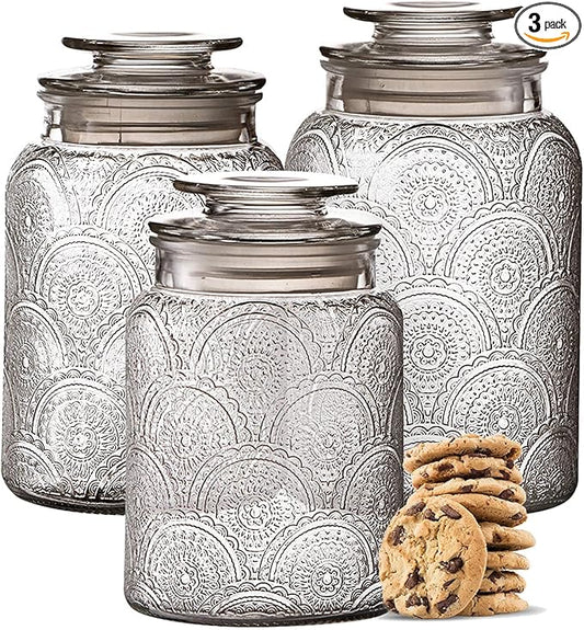 Le'raze Food Storage Containers with Airtight Lids - Retro Design - Pantry Organization, Glass Canisters Storage for Cookies, Tea, Sugar, Candy Jars, Sugar Packet, Set of 3