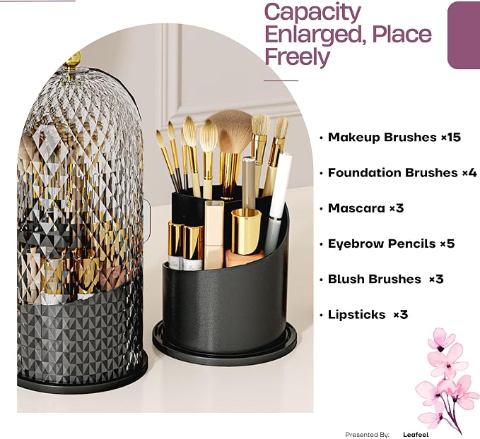 LEFEEL Lumière Mini 360 Rotating Makeup Organizer with Lid, Diamond Cut Cosmetic Organizer - Dustproof Vanity Organizer for Makeup Brushes, Toothbrush & Bathroom Countertop （Black