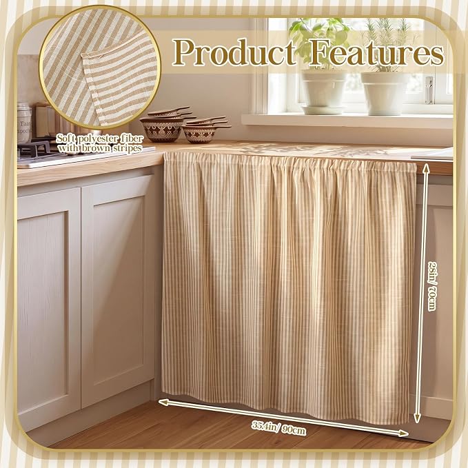 VitalCozy Cabinet Curtain 28" W x 35" L Sink Skirt for Bathroom Kitchen Brown Stripes Spring Short Curtain for Home Classroom Farmhouse Rustic Drape Under Desk Privacy Drape for Laundry Room