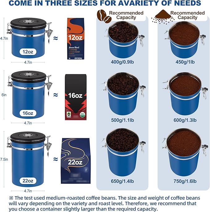 ShanSon Coffee Canister Airtight, Stainless Steel Bean Storage Container with Date Tracker & Scoop, Grounds Sugar Flour Tea Cereal Fits Kitchen Pantry, Ideal Gift for Coffee Lovers,22oz,Blue