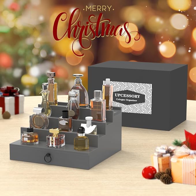 upcessory Cologne Organizer for Men, 4 Tier Black Wood Perfume Organizer with Felt Lining Drawer and Hidden Compartment, Perfume Display Holder, A Gift for Men