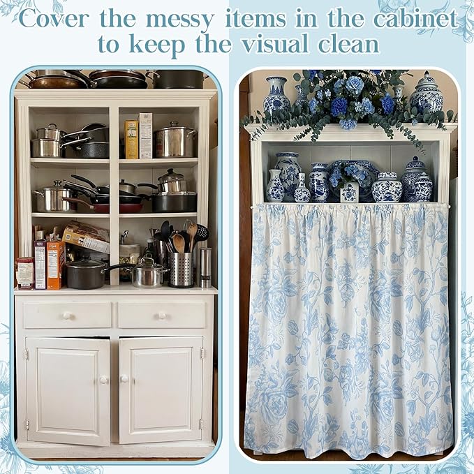 VitalCozy Cabinet Curtains 35" W x 35" L Sink Skirt for Bathroom Kitchen Blue Flower Floral Cabinet Curtains for Classroom Home Farmhouse Rustic Drape Under Desk Privacy Drape for Laundry Room