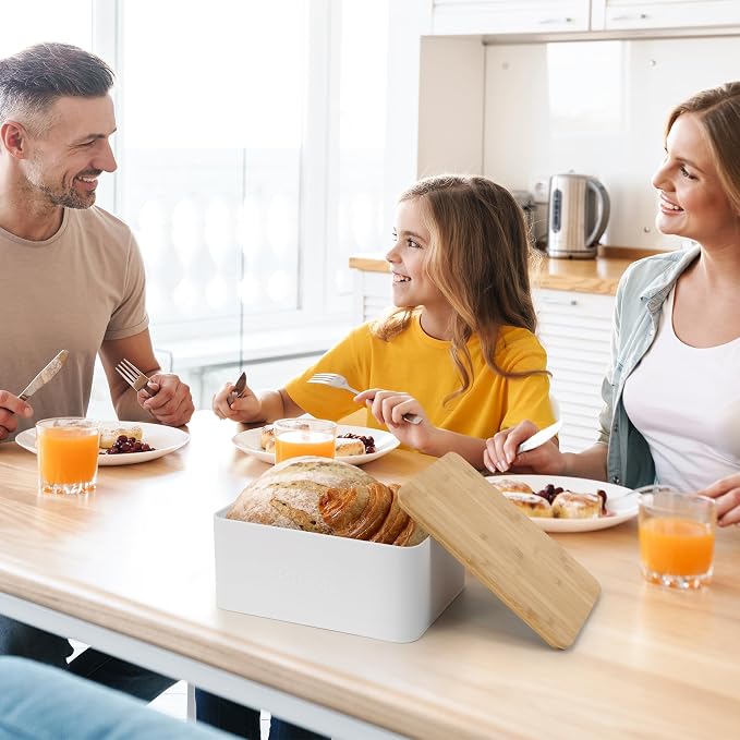 ZICOTO Beautiful Bread Box With Wooden Lid For Your Kitchen Countertop - Spacious Container Perfectly Stores Your Homemade Bread, English Muffins & Bagels - Quality Cutting Board Lid Keeps Loaf Fresh