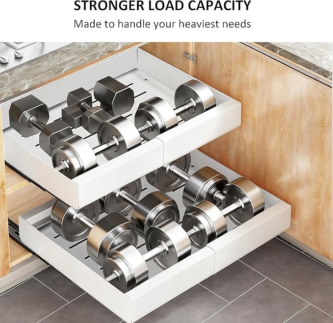 Pull Out Drawers for Cabinets, 1 Pack 21" Deep Expandable Slide Out Drawer for Kitchen Cabinets Adhesive Pantry Pullout Shelves Load-Bearing Upgrade 3 Slide Rails White