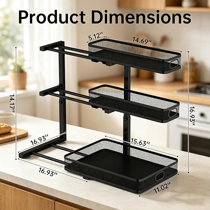 Under Sink Organizer, Black, 3-Tier, 2 Pack | Height Adjustable, Thickened Metal, Pull Out Cabinet Organizer Shelf, Space-Saving Slide Out Storage Drawer Rack