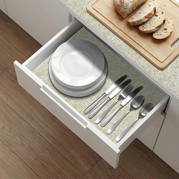 3Rolls*12'' X 120'' Beige Shelf Liner Drawer Liner for Kitchen Cabinet Non Adhesive, Strong Grip Anti Slip Cabinet Liners for Shelves, Oil-Proof Waterproof Cupboard Liner
