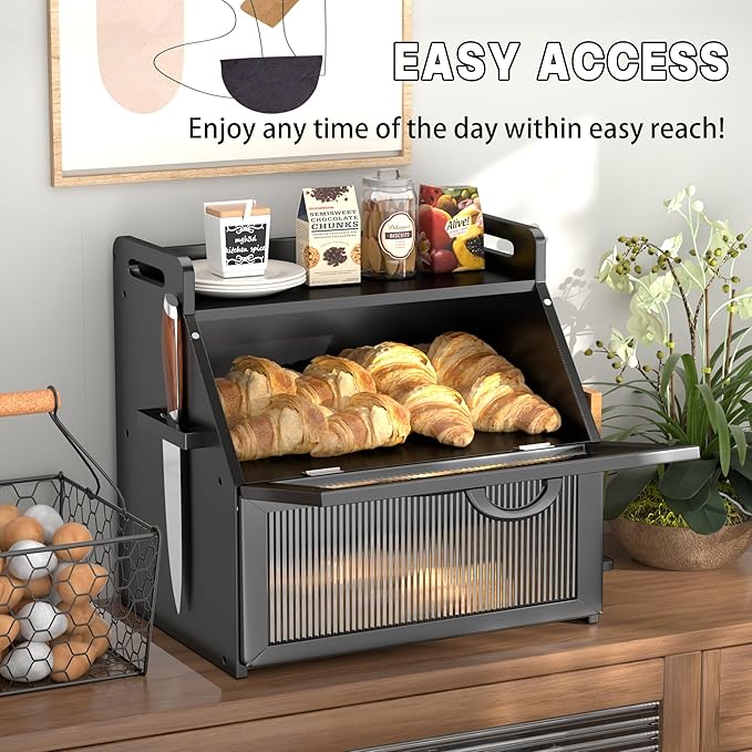Bread Box for Kitchen Countertop, Large Bread Storage Container for Homemade Bread, Wooden Farmhouse Breadbox Organizers, Double Layer Bread Bin with Acrylic Window Bread Holder, Black