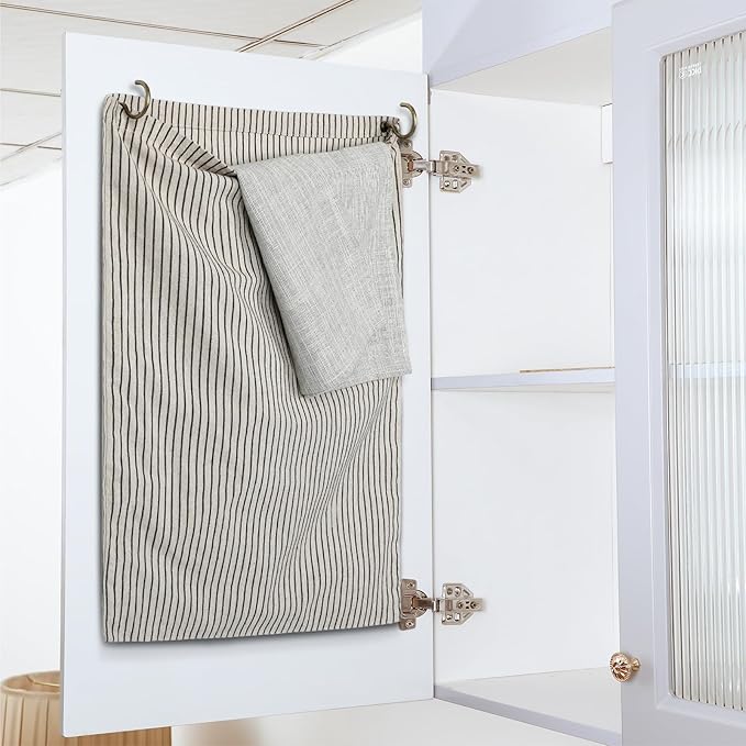 Reusable Dirty Rag Storage Bag Linen Dish Towel Cloth Bag Dish Rag Holder Natural Cotton Vintage for Under Sink Cabinet Door Organizer Laundry Bathroom Storage(Ecru,Vertical Stripes)