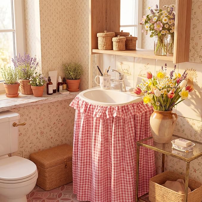 Pink Ruffle Gingham Sink Skirt Self-Adhesive Bathroom Stitch Self Stick Adhesive Fabric Under Sink Curtain Skirt 55'' x 32'' for Bathroom Kitchen Laundry Utility Room Decor