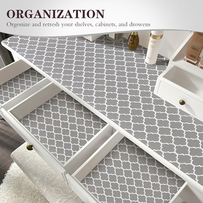 Drawer and Shelf Liner, Non-Slip Kitchen Cabinet Liners Non-Adhesive Thick Strong Grip Waterproof Washable Mats Protect Dresser Shelves Cupboard Bathroom Cabinets, Gray, 24 in X 10 FT