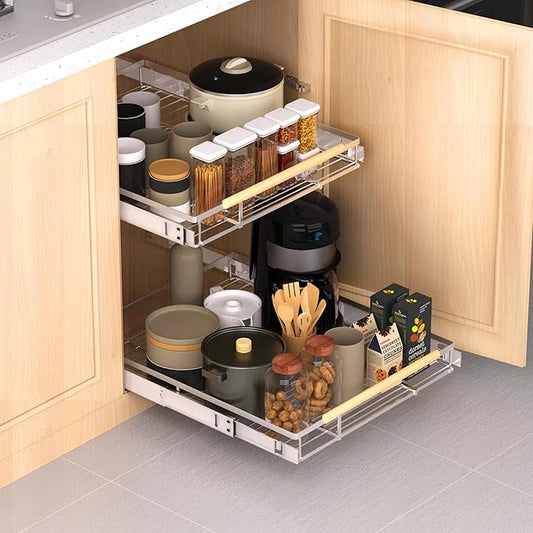 Expandable Pull Out Drawer Cabinet Organizer, Adjustable Width Bottom-Mounted Slide Out Storage Shelves for Cabinets, Required Cabinet Size (14.16"~24.36", D≥17.3"), 2 Pack