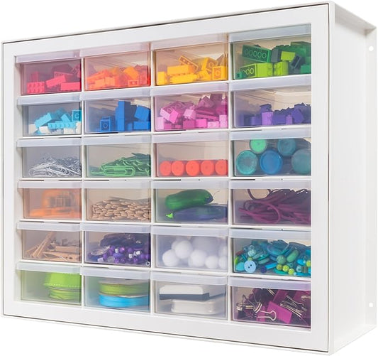 IRIS USA 24-Drawer Plastic Storage Organizer, Made in USA, Teacher Toolbox, Multi Drawer Cabinet For Beads Balloons Building Bricks Crafts Stickers Small Business Scrapbook Art Garage Tools, White